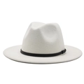 Classic white fedora hat with black band, wide brim felt jazz cap for men and women - White