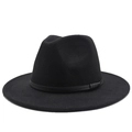 Detailed view of black wool felt fedora hat featuring a matching thin decorative band - Black