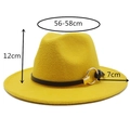 Detailed dimensions of yellow fedora with leather band and gold metal ring accent - M (56-58cm) / Yellow