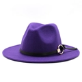 Elegant purple wool fedora jazz hat with flat brim and gold buckle leather band - M (56-58cm) / Purple