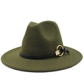 Detail of dark green fedora hat featuring a black leather band and gold metal ring buckle - Army Green