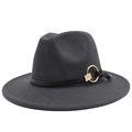 Detail of dark grey wool fedora featuring a black leather band and golden metal buckle - Dark Gray
