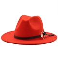 Classic red fedora hat with wide brim, black leather band, and gold metal ring accent - Orange Red