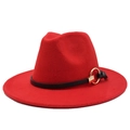 Detail of red wool felt jazz hat featuring black faux leather band and gold metal ring buckle - M (56-58cm) / Red