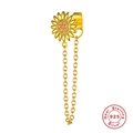 S925 sterling silver golden sunflower dangle earring with chain and orange zircon - Gold Single Sunflower Chain Earring