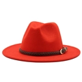 Classic red wide-brim wool fedora hat with brown braided band and gold buckle detail - Orange Red