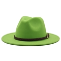 Classic bright green wool fedora hat with brown braided leather band and gold buckle detail - M (56-58cm) / Green