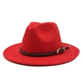 Detail of red wool fedora hat with brown braided leather band and gold buckle accent - M (56-58cm) / Red