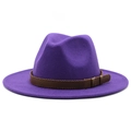 Classic purple wide brim wool fedora hat with vintage brown braided band decoration - M (56-58cm) / Purple