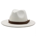 Close-up of a white wool jazz fedora hat with a brown braided synthetic leather band - White