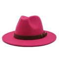 Detail of fuchsia wool fedora hat featuring flat brim and brown faux leather decorative band - Rose Red