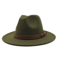 Detail of olive green wool fedora hat with brown leather band and decorative stitching - Army Green