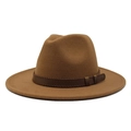 Detail of classic brown wool fedora with stitched dark brown leather decorative band - Light Coffee