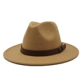 Detail of camel wool fedora hat featuring a brown leather band with braided stitching - Camel