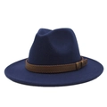 Detail of navy wool jazz hat featuring a brown leather decorative band with fine stitching - Navy Blue