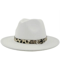White wool fedora hat with leopard print band and metal buckle on flat wide brim - M (56-58cm) / White