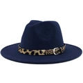 Close-up of navy blue wool fedora featuring leopard print belt and silver metal buckle - M (56-58cm) / Navy Blue