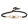 Adjustable woven black rope bracelet with heart zircon and colorful gemstones - Black Braided Rope / Black