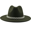 Close-up of a dark green wool jazz hat featuring an elegant white pearl beaded band - M (56-58cm) / Green