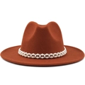 Detail of elegant caramel wool felt fedora featuring double-row pearl beaded trim embellishment - M (56-58cm) / Caramel color