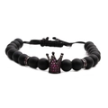 Adjustable black matte stone bead bracelet with purple rhinestone crown charm for couples - Black Crown Rose Red Zircon