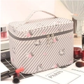 Waterproof travel cosmetic bag with gray stripes and swan pattern on a tabletop - Large Size (22x16.5x16cm) / Large Swan