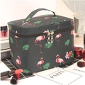 Dark cosmetic bag with pink flamingo patterns and dual zipper closure for travel - Large Size (22x16.5x16cm) / Large Flamingo Black
