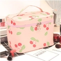 Portable pink travel makeup bag with cute cherry pattern and dual zippers - Large Size (22x16.5x16cm) / Large Pink Cherry