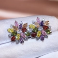 Luxurious sunflower double-layer zircon stud earrings with colorful petals and copper base - Silver + Multicolor
