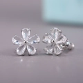 Exquisite silver-colored five-petal flower stud earrings with pear-cut cubic zirconia - White