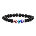 Elastic beaded bracelet with matte black stones and three colorful evil eye charms - Matte Evil Eye