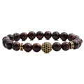 Tigerauge Perlenarmband mit rotbraunen Perlen und vergoldeten Akzenten auf weißem Hintergrund - Mikro-Pave-Zirkonia-Kugel-Stil A