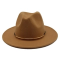 Detail of camel wool fedora hat featuring a minimalist gold metallic band decoration - Camel