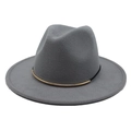 Close-up of wide brim grey fedora hat with elegant gold metal band and felt texture - Light Gray
