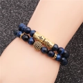 Blue tiger eye beaded bracelet set for men with gold hollow tube and cz charm - Blue Set 2