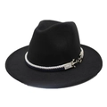 Detail of black wool fedora hat with blue-white rope trim and silver anchor charm - M (56-58cm) / Black