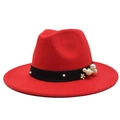 Detailed macro view of the red wool fedora with pearl accents and a black ribbon band - M (56-58cm) / Red