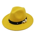 Classic bright yellow wool fedora hat with black pearl-beaded ribbon decoration - M (56-58cm) / Yellow