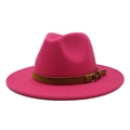 Detail view of rose red wool fedora hat with brown leather belt and gold metal buckle - Rose Red