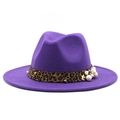 Detail of purple fedora hat with leopard band, white pearls, and gold rivet accents - M (56-58cm) / Purple
