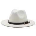Detail of white wool fedora hat featuring a brown leather band and gold snake buckle - White