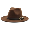 Detailed shot of dark brown wool fedora hat with faux leather band and gold metal buckle - Dark Coffee