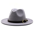 Detail of greyish purple wool fedora hat with brown leather band and gold buckle - Light Gray