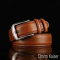 Classic brown leather belt for men with vintage brushed metal buckle and needle pin design - 110cm / Yellow Brown