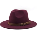 Detail of burgundy wool fedora hat featuring brown leather band and gold metal buckle - Burgundy