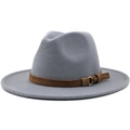 Detailed side view of a gray wool felt Fedora hat with brown leather belt accent. - Gray