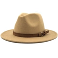 Classic camel wool felt Fedora hat featuring a decorative brown belt buckle strap detail - Camel