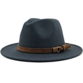 Side view of a dark grey wool Fedora hat with a decorative brown belt band - Dark Gray