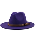 Classic purple wool fedora hat with brown leather belt and wide brim for women - Purple