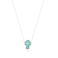 Golden cross necklace with turquoise opal inlay and minimalist vintage metal chain - Blue
